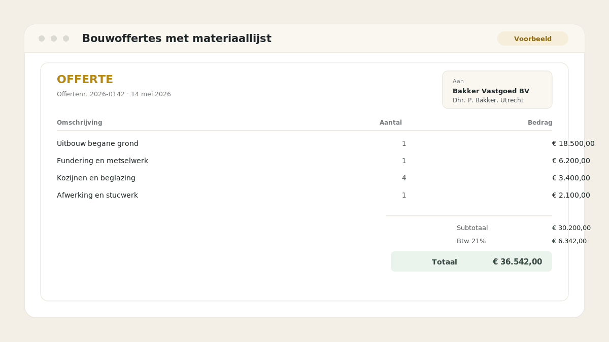 Voorbeeld van het resultaat: Bouwoffertes met materiaallijst