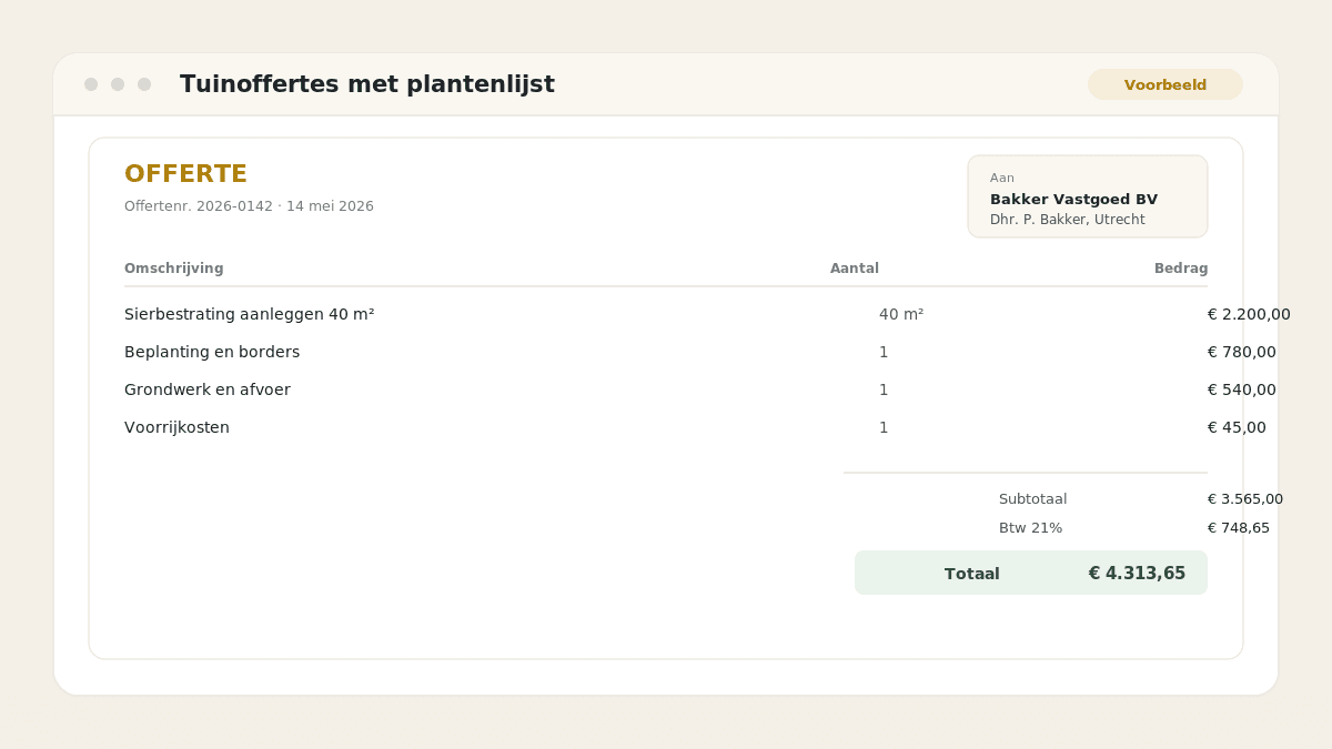 Voorbeeld van het resultaat: Tuinoffertes met plantenlijst