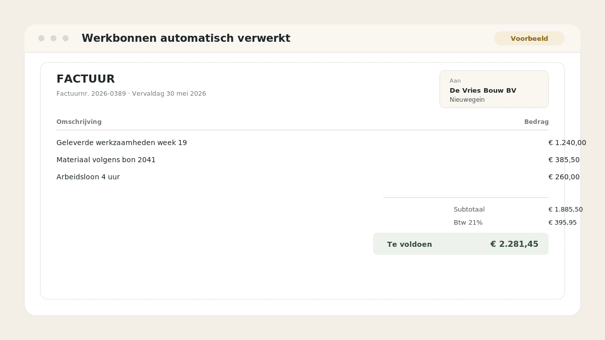 Voorbeeld van het resultaat: Werkbonnen automatisch verwerkt