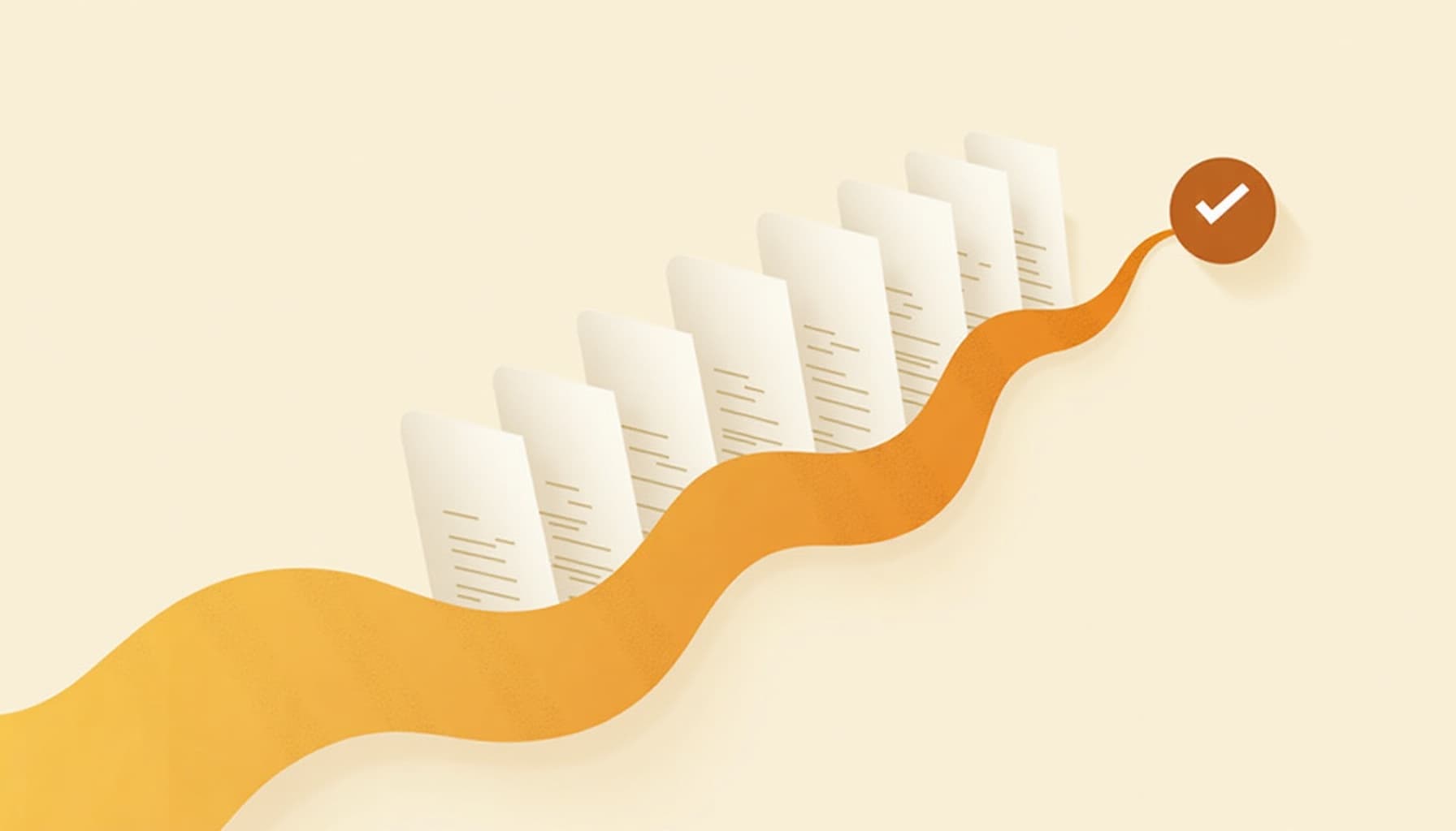 Abstracte illustratie van facturen die langs een vloeiende amber lijn naar een afgevinkt knooppunt bewegen: facturatie die automatisch wordt afgehandeld
