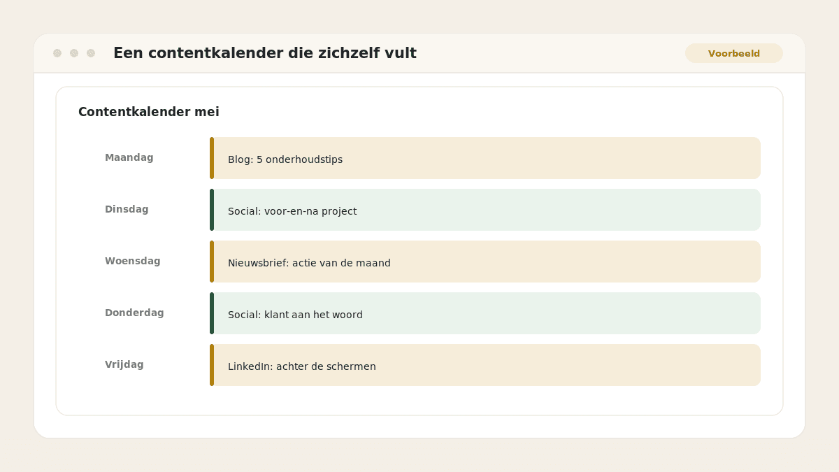 Voorbeeld van het resultaat: Een contentkalender die zichzelf vult
