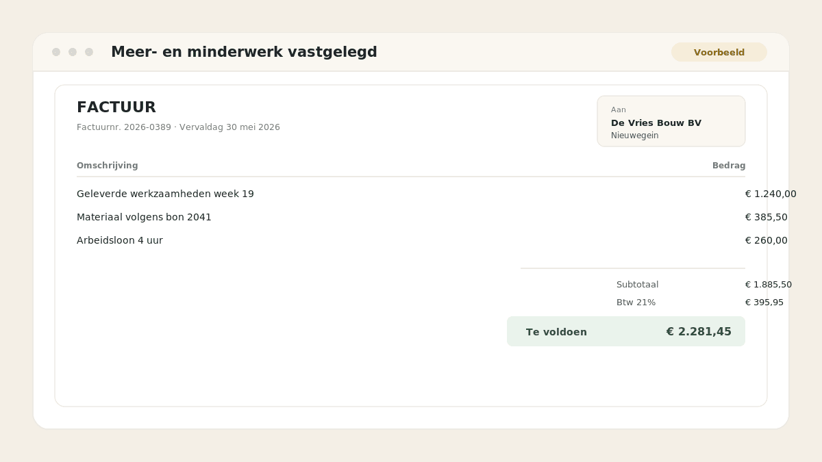 Voorbeeld van het resultaat: Meer- en minderwerk vastgelegd