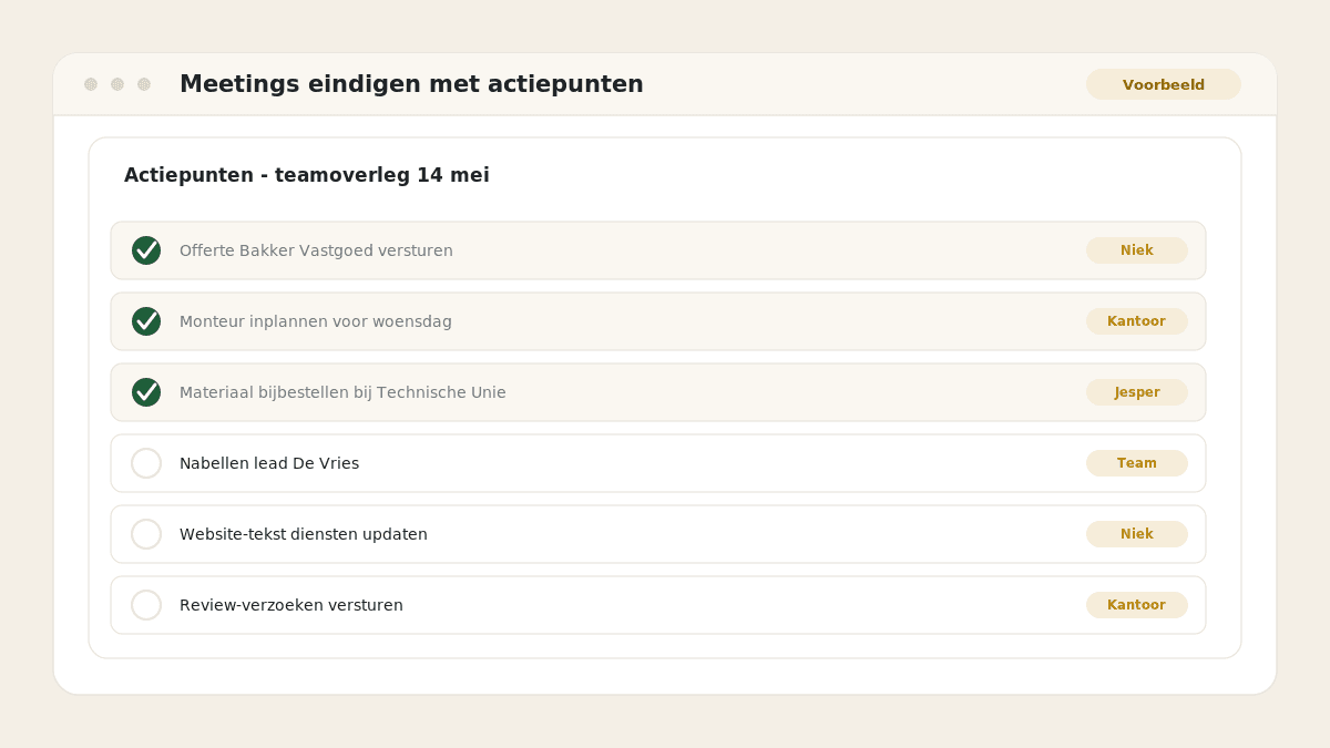 Voorbeeld van het resultaat: Meetings eindigen met actiepunten