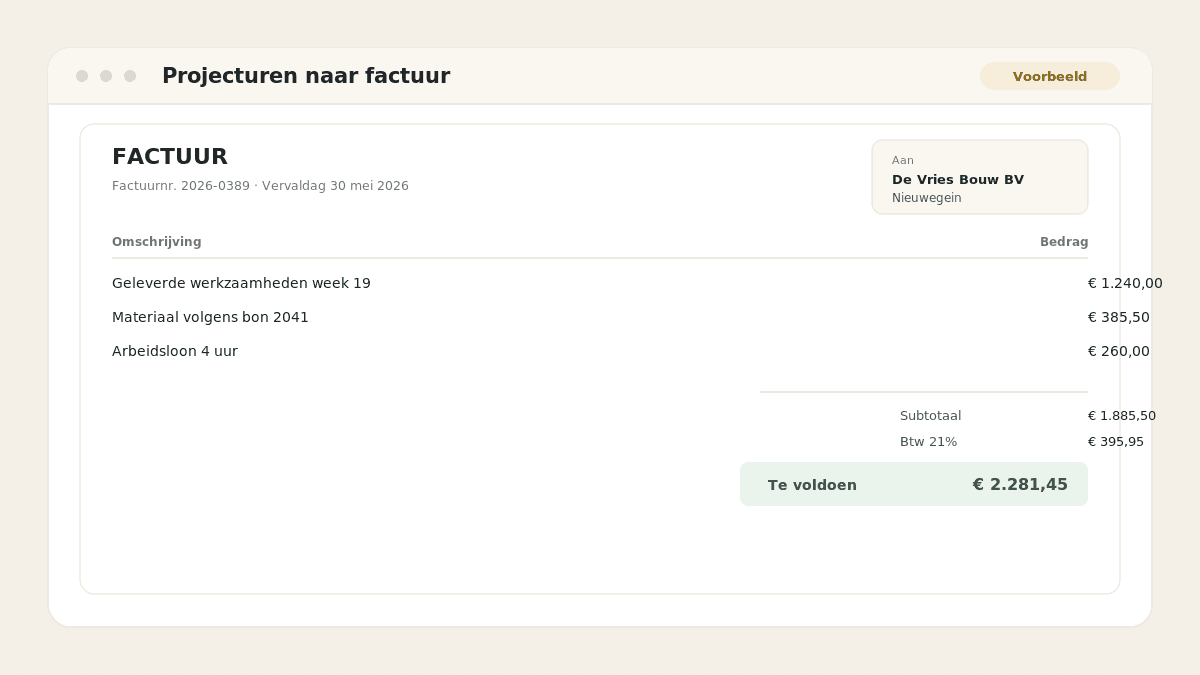 Voorbeeld van het resultaat: Projecturen naar factuur