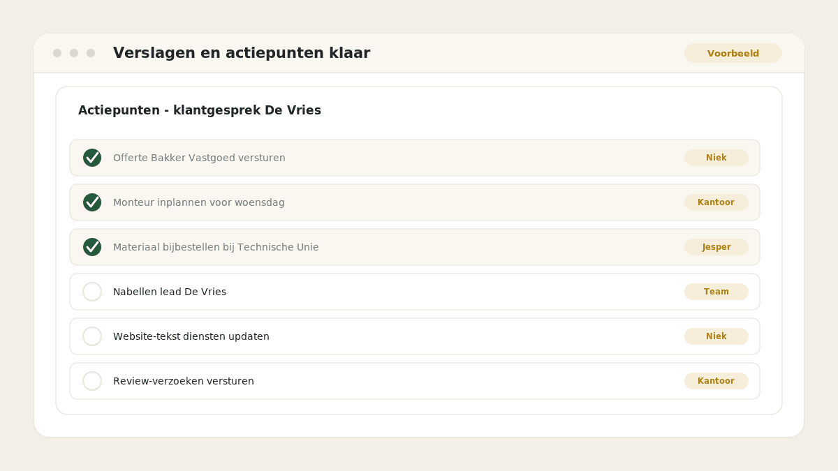 Voorbeeld van het resultaat: Verslagen en actiepunten klaar