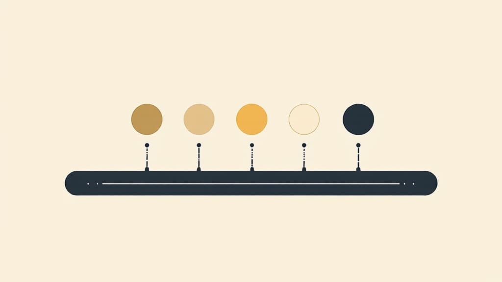 Abstracte vlakke illustratie van vijf cirkels die met lijnen verbonden zijn aan één gedeelde balk, waarvan sommige gevuld en andere leeg: een team dat deels is aangehaakt en deels nog niet