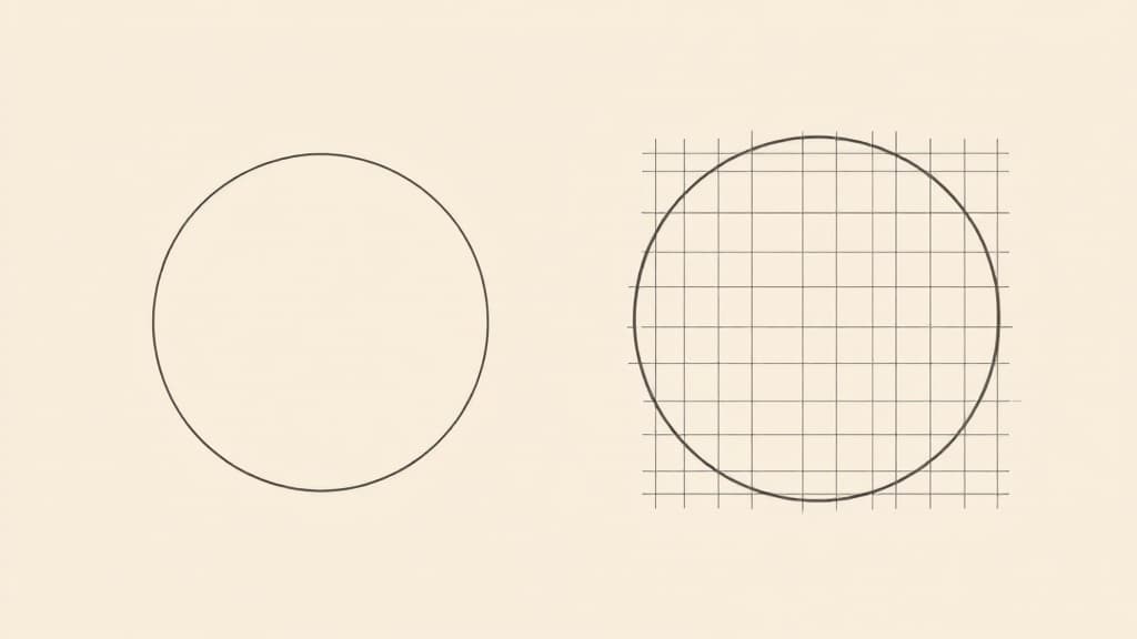 Abstracte vlakke illustratie: links een losse cirkel in open ruimte, rechts dezelfde cirkel ingesloten door een raster, als beeld voor een losstaande chattool tegenover een tool die in je bestaande software zit