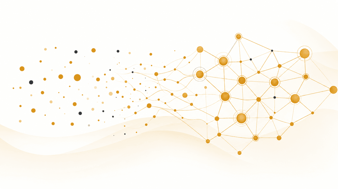 Abstracte illustratie van kennisoverdracht bij onboarding: verbonden nodes die van los naar gestructureerd gaan