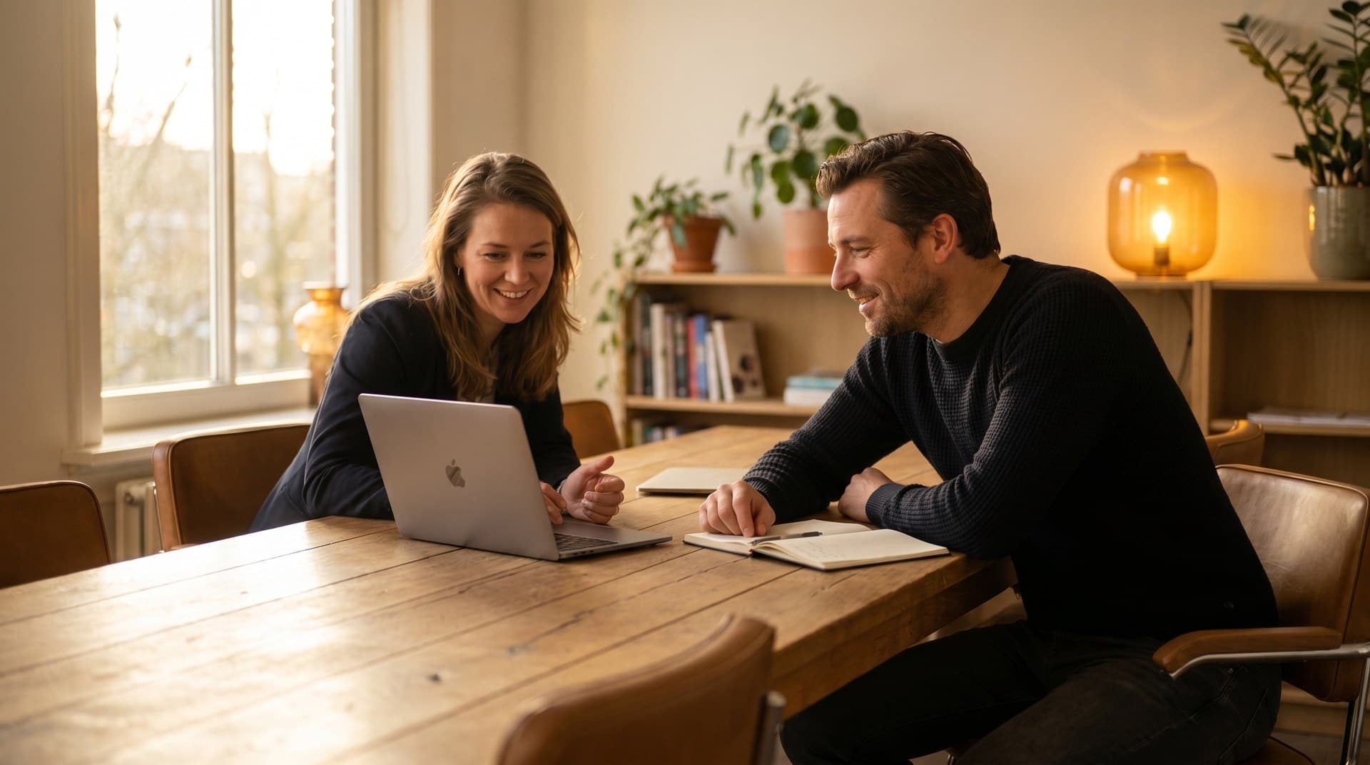 Twee professionals in gesprek aan een werktafel