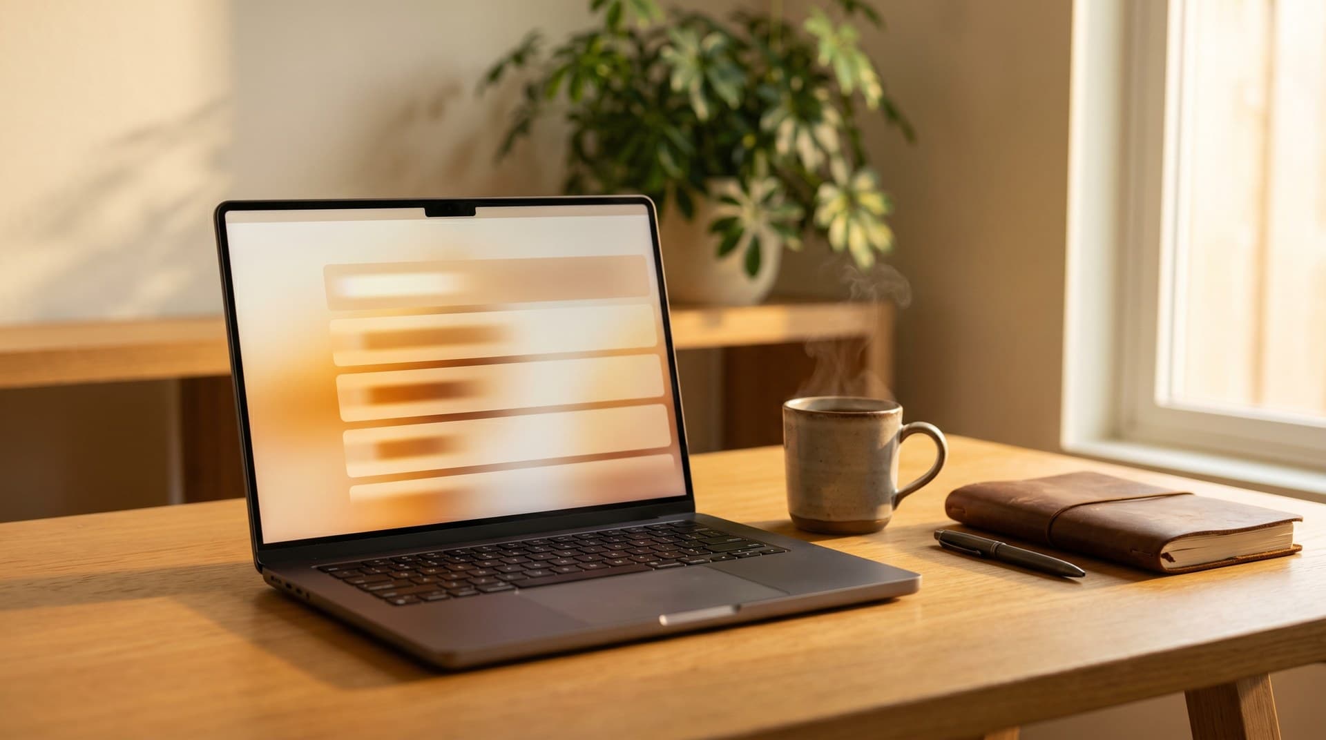 Laptop met email-overzicht open, koffiekop ernaast
