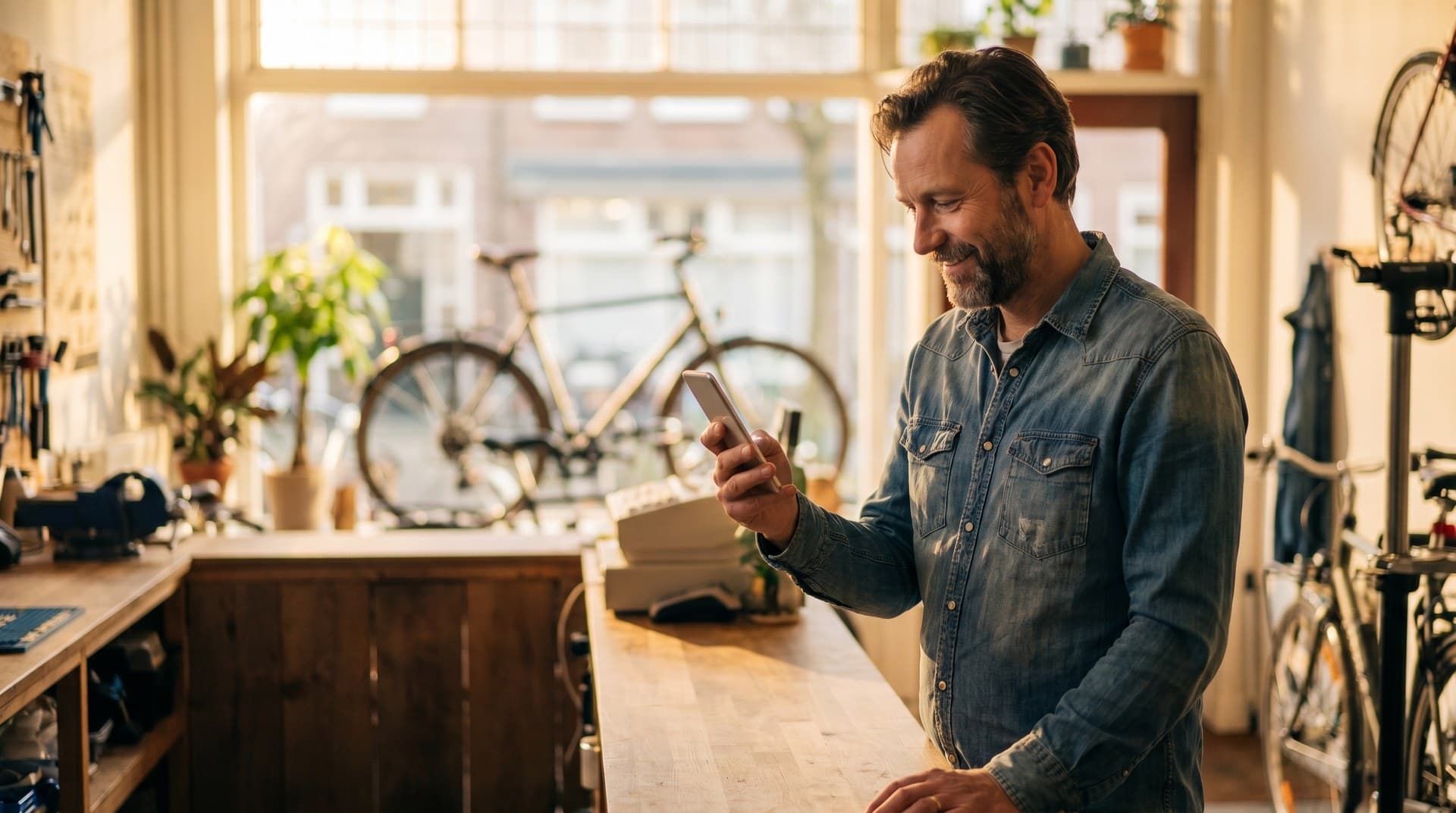 Lokale ondernemer leest reviews op telefoon, glimlacht