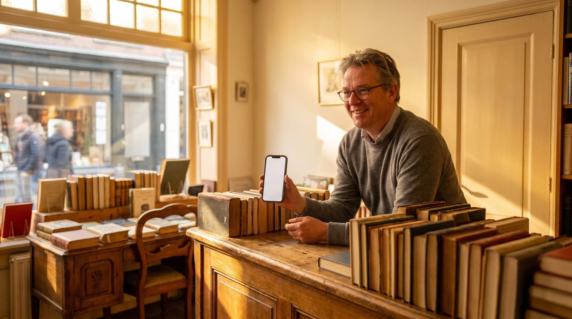 MKB-eigenaar kijkt naar telefoon — basis-versie vindbaarheid