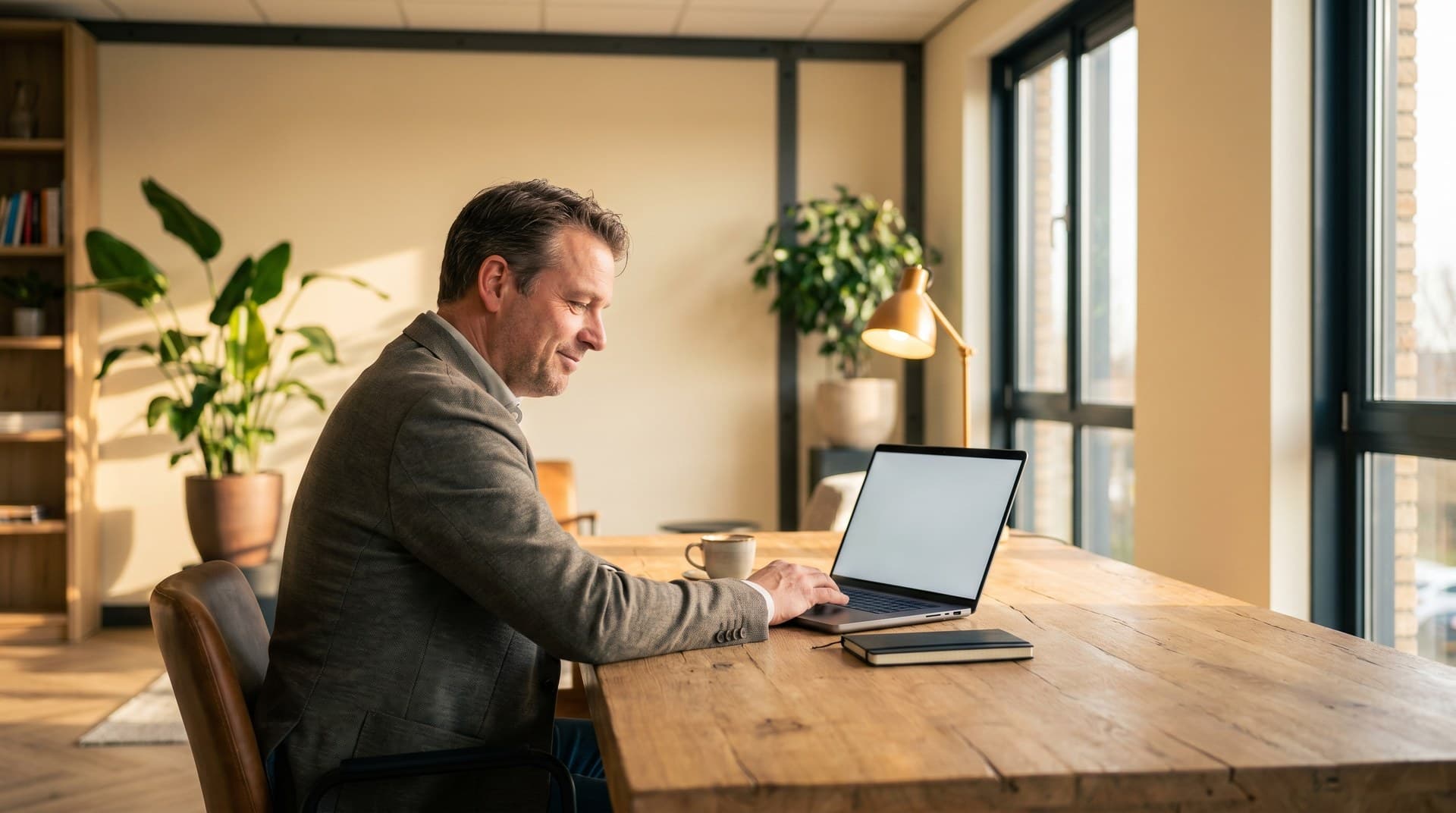 MKB-eigenaar achter bureau, kalm kijkend naar laptop